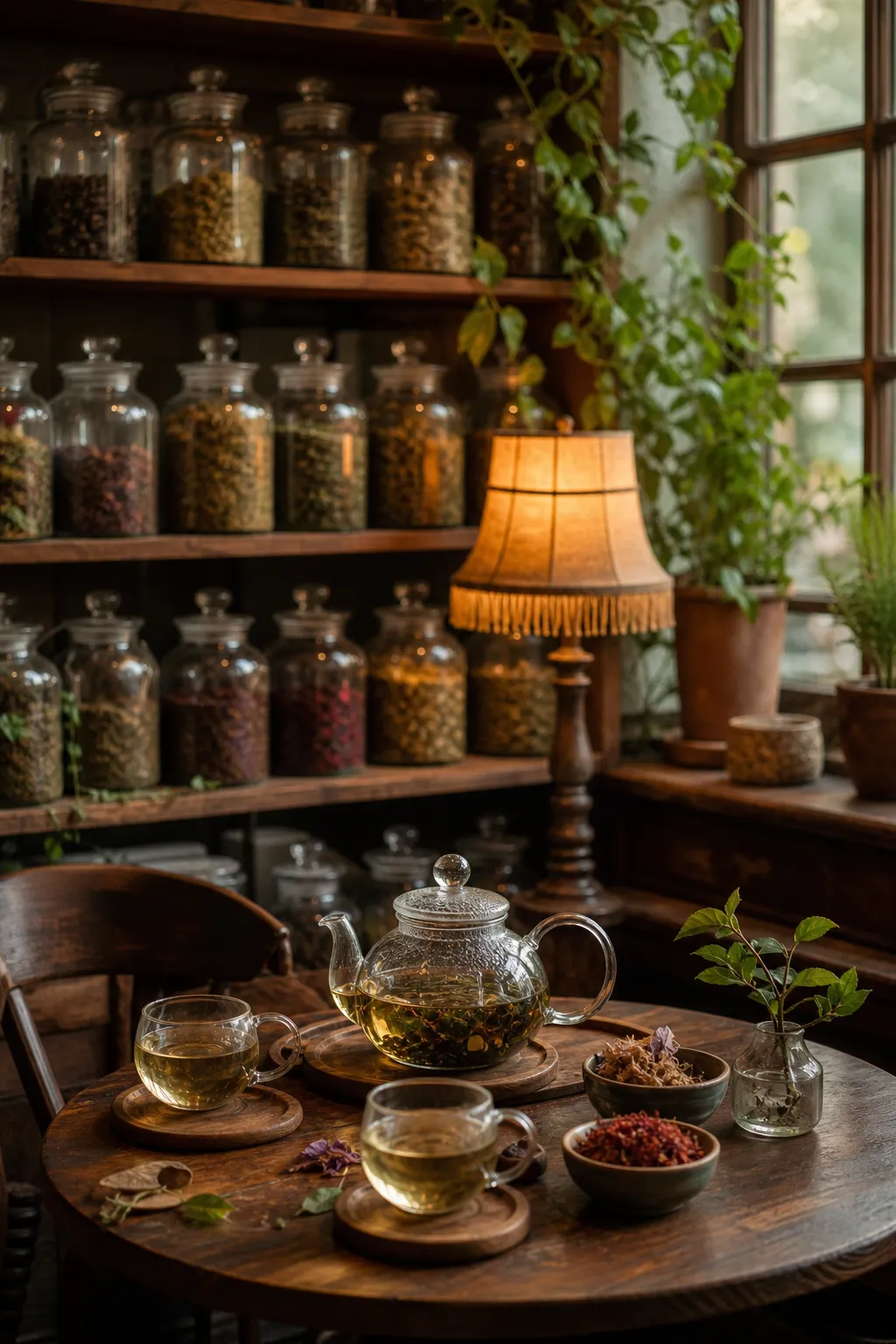 Уютный интерьер чайной «Тайга» — деревянные полки с банками чая