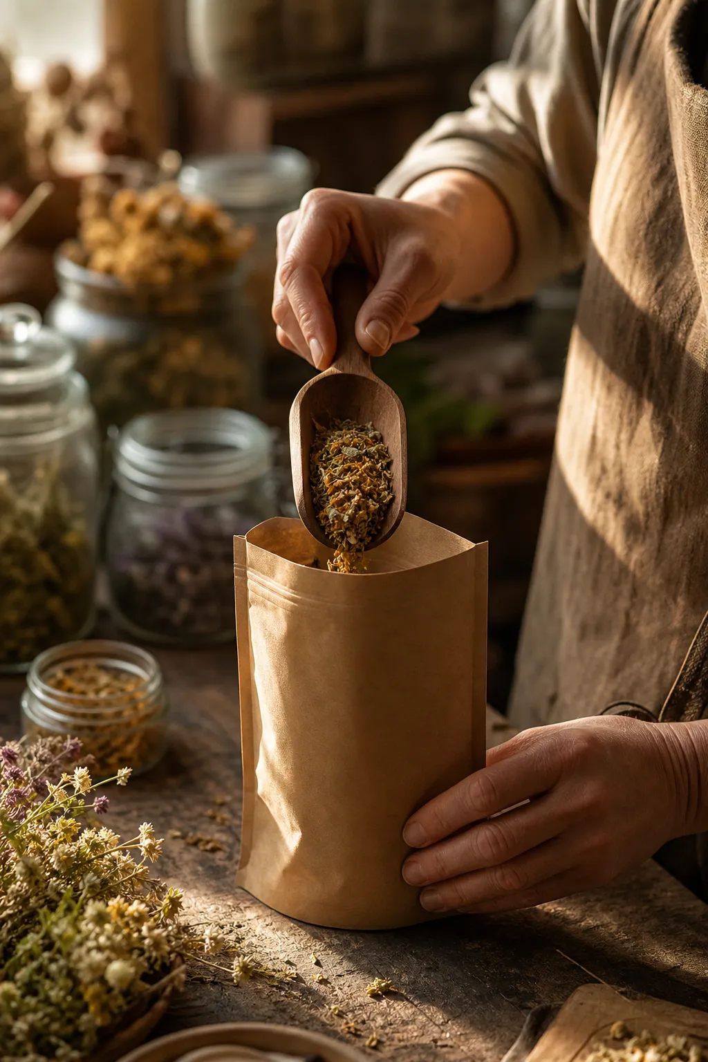 Мастер насыпает травяной купаж в крафт-пакет
